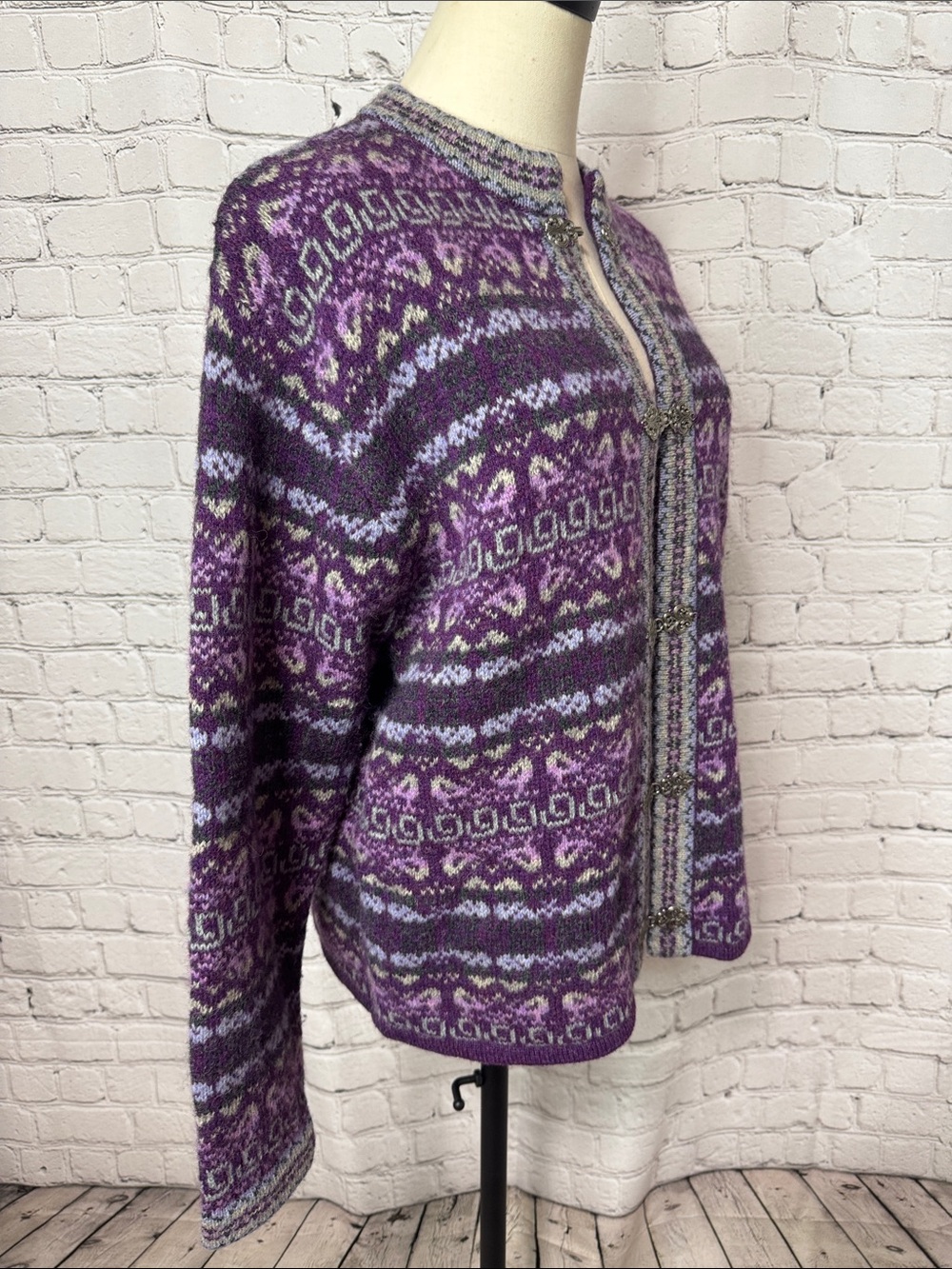Y2K Eagle’s Eye Wool Fair Isle Hook Cardigan Purple Size Small S, M - Picture 3 of 11